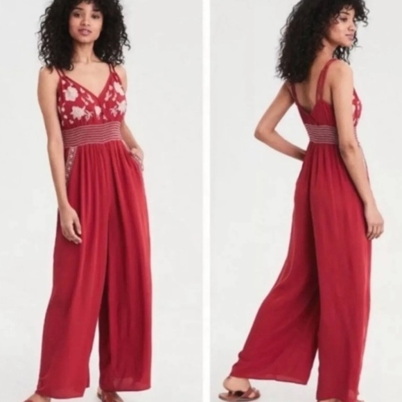 FINAL SALE American Eagle Boho Embroidered Rust Wide Leg Smocked Jumpsuit - Picture 3 of 8